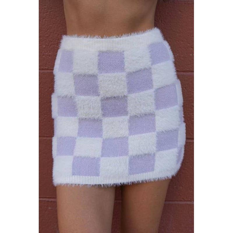 Lilac Fuzzy Checkered Skirt | 90s-Inspired Fuzzy Mini Skirt | Elastic Waist Retro Plaid Skirt