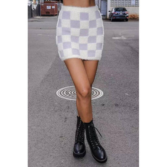 Lilac Fuzzy Checkered Skirt | 90s-Inspired Fuzzy Mini Skirt | Elastic Waist Retro Plaid Skirt