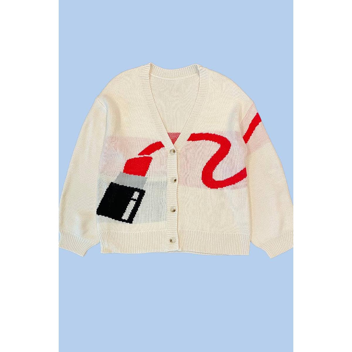 Lipstick Intarsia Cardigan – White Multi | Knit Sweater [Available in S-XL]