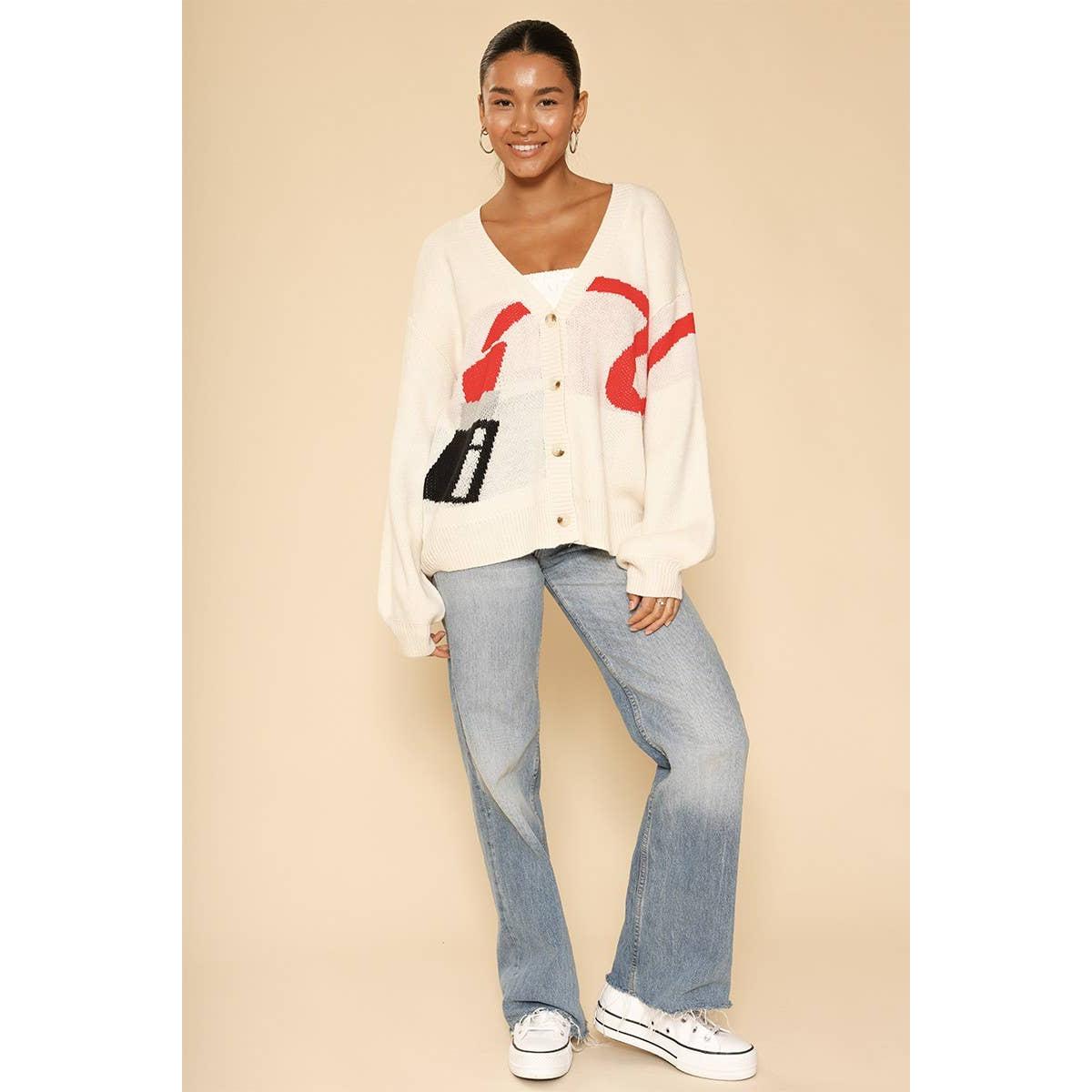 Lipstick Intarsia Cardigan – White Multi | Knit Sweater [Available in S-XL]