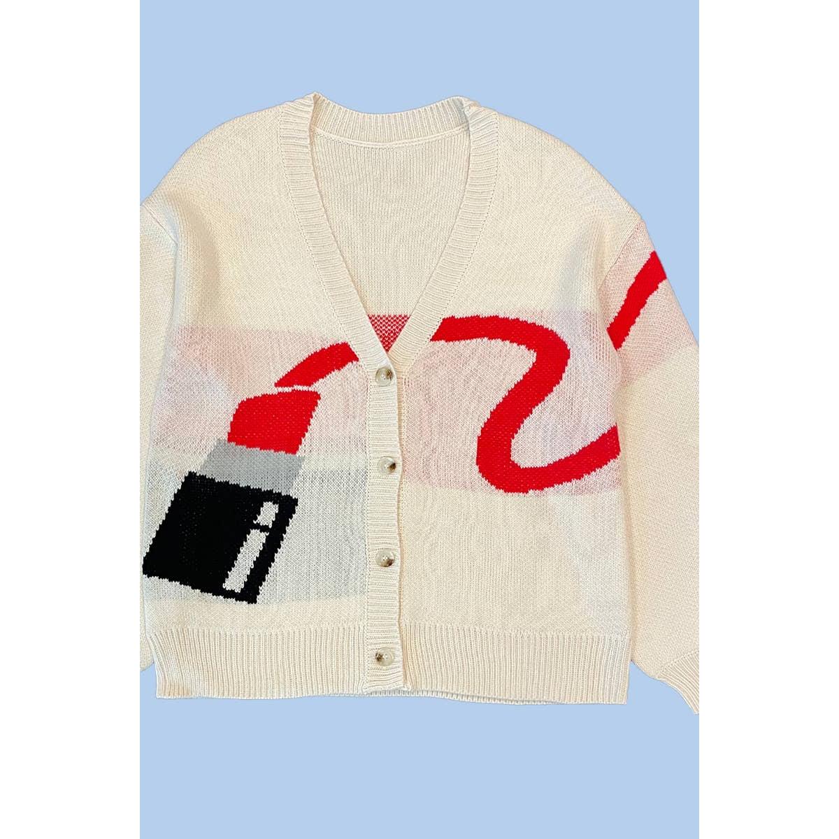 Lipstick Intarsia Cardigan – White Multi | Knit Sweater [Available in S-XL]
