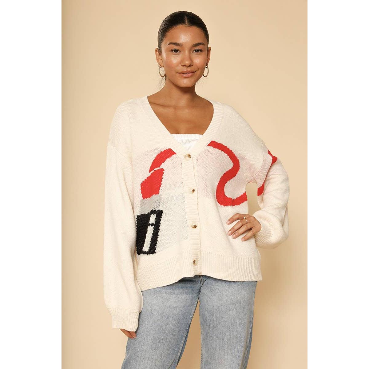 Lipstick Intarsia Cardigan – White Multi | Knit Sweater [Available in S-XL]