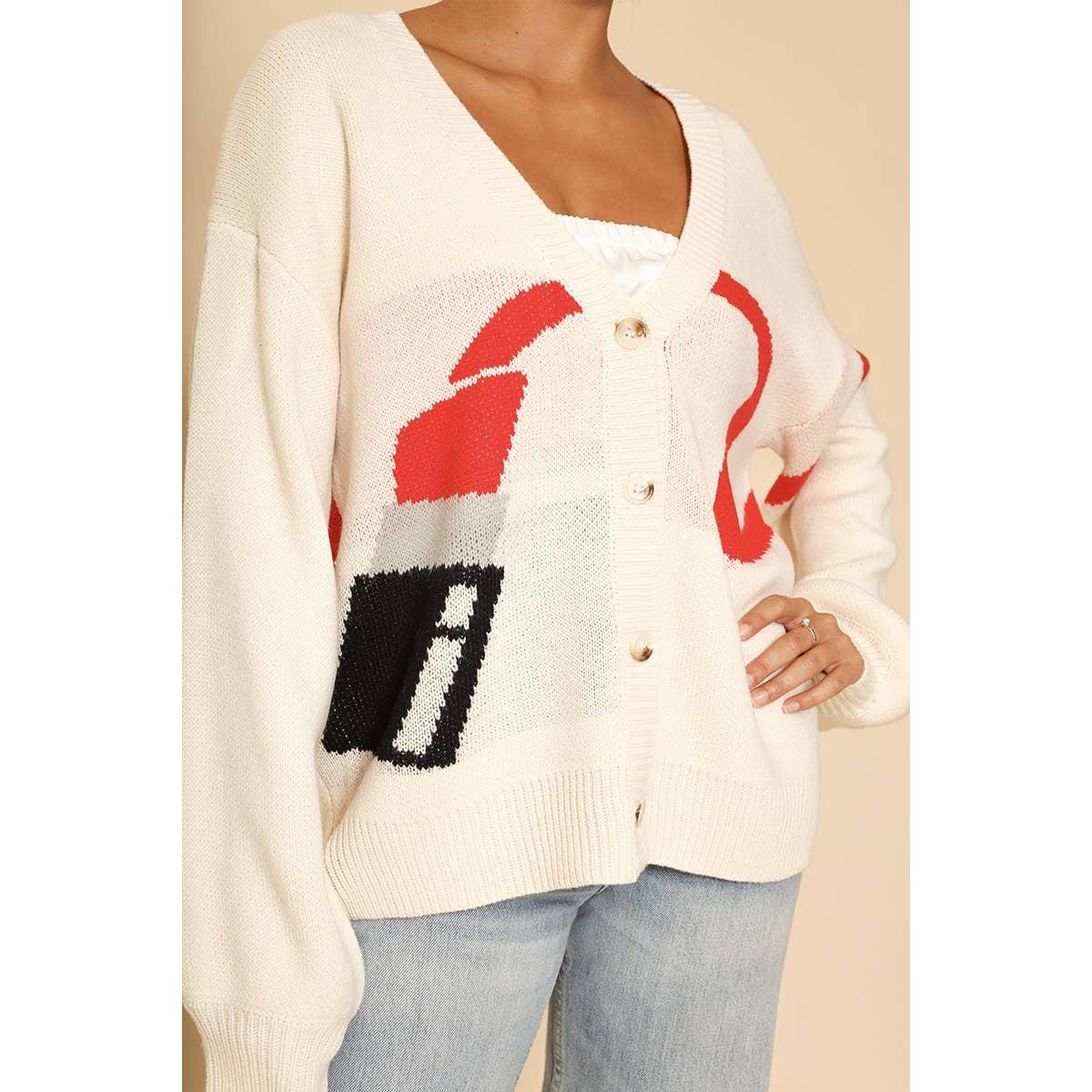 Lipstick Intarsia Cardigan – White Multi | Knit Sweater [Available in S-XL]