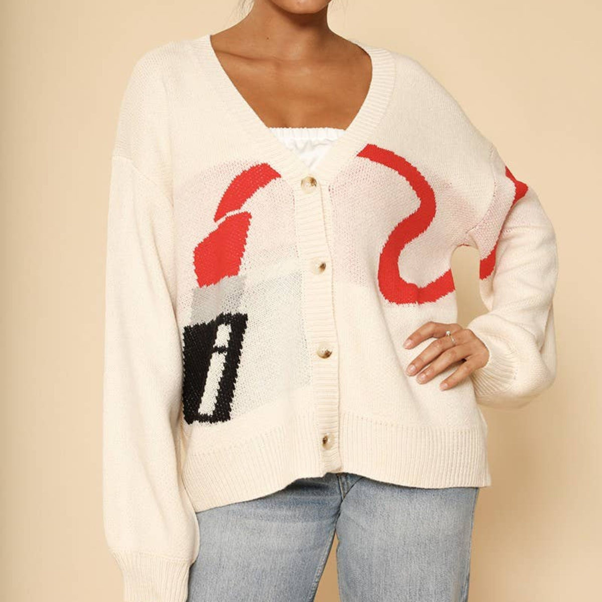 Lipstick Intarsia Cardigan – White Multi | Knit Sweater [Available in S-XL]