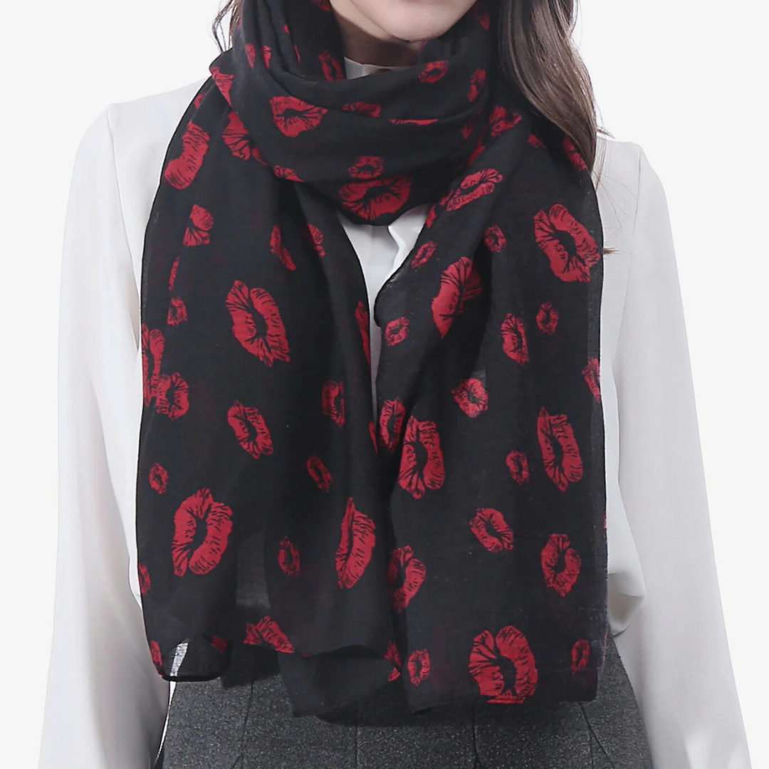 Lipstick Lover Kiss Print Scarf in Scarlet and Black