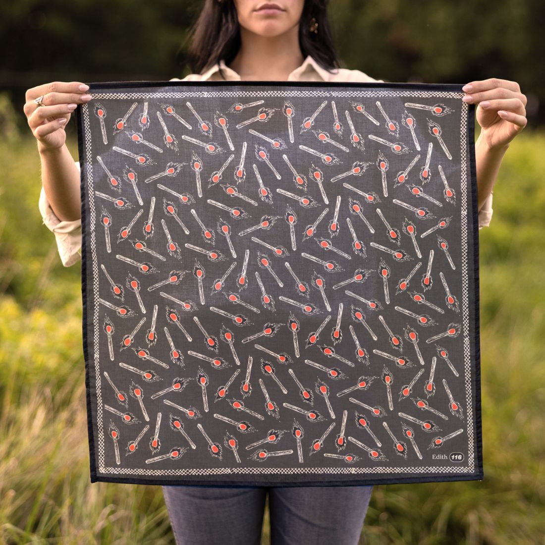 Lit Matches 🧨 No. 116 Edith Bandana in Charcoal and Red | 22" x 22" Premium Cotton