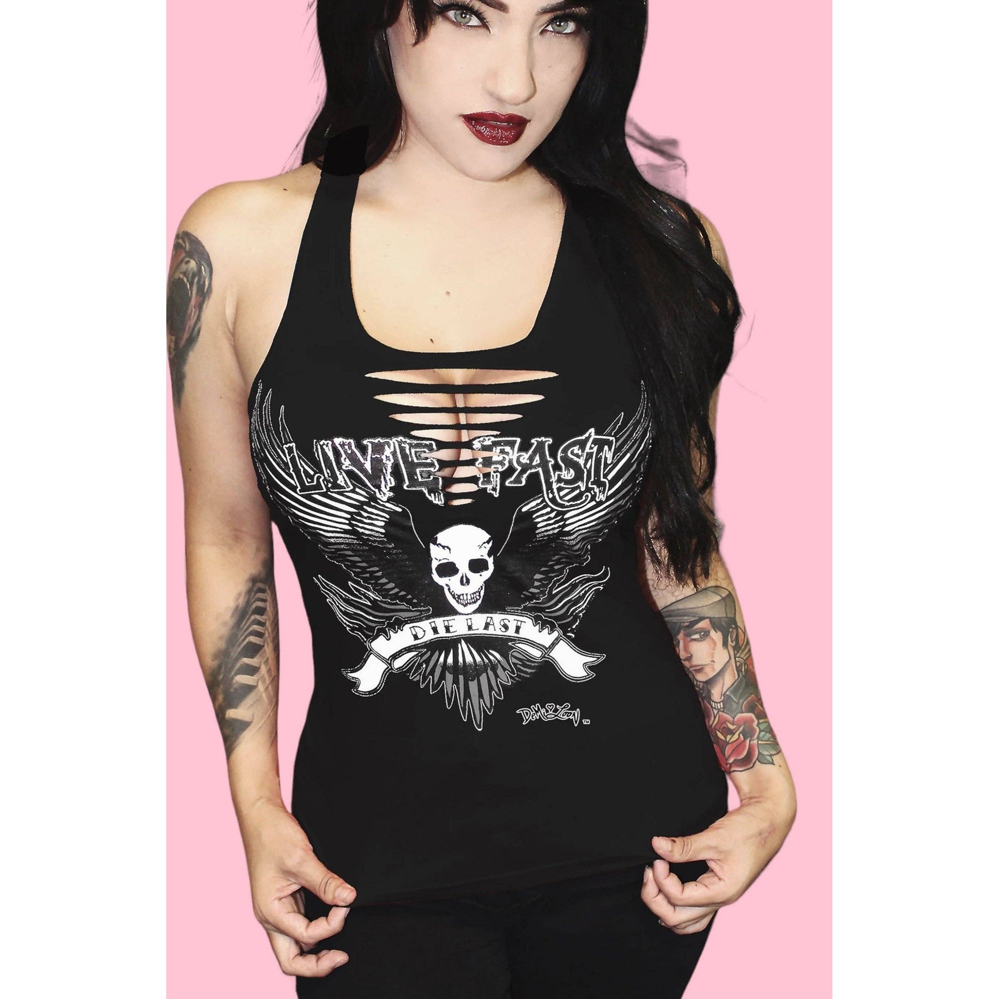 Live Fast Sexy Slashed Racerback Biker Tank in Goth Black [Sizes SM-2X]