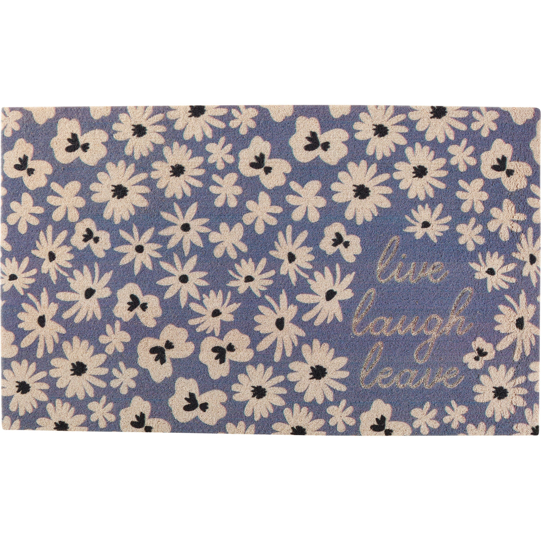 Live Laugh Leave Faux Coir Rug in Blue Floral Designs | Skid-Resistant Backing Mat | 30" x 18"