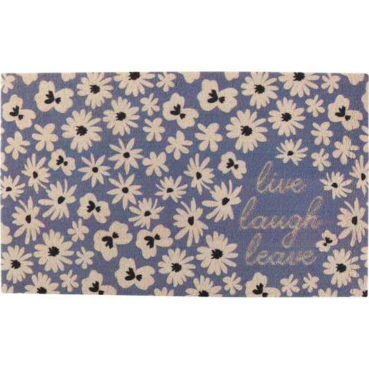 Live Laugh Leave Faux Coir Rug in Blue Floral Designs | Skid-Resistant Backing Mat | 30" x 18"