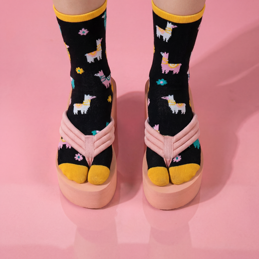 Llama Split Toe Tabi Socks in Black | Big Toe Flip Flop Socks | Colorful Llama Alpaca Novelty Crew Socks