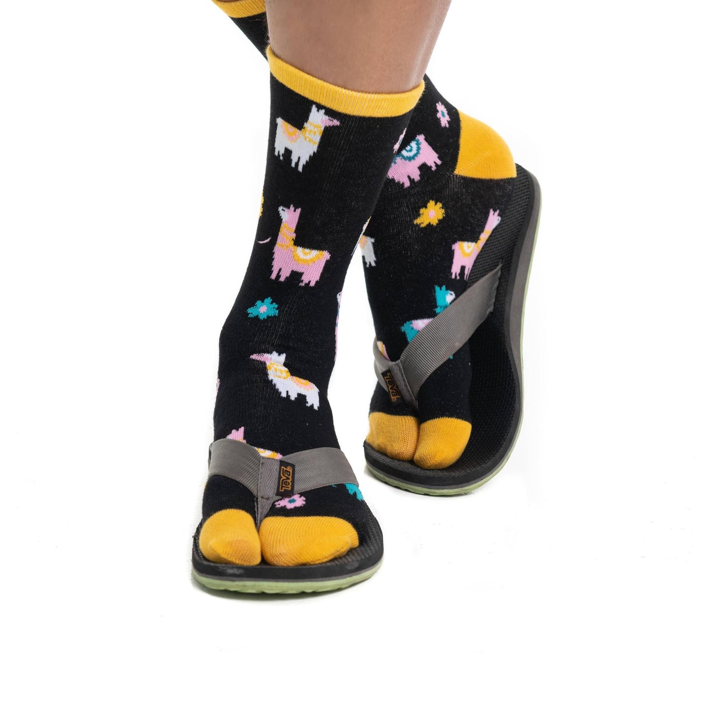 Llama Split Toe Tabi Socks in Black | Big Toe Flip Flop Socks | Colorful Llama Alpaca Novelty Crew Socks