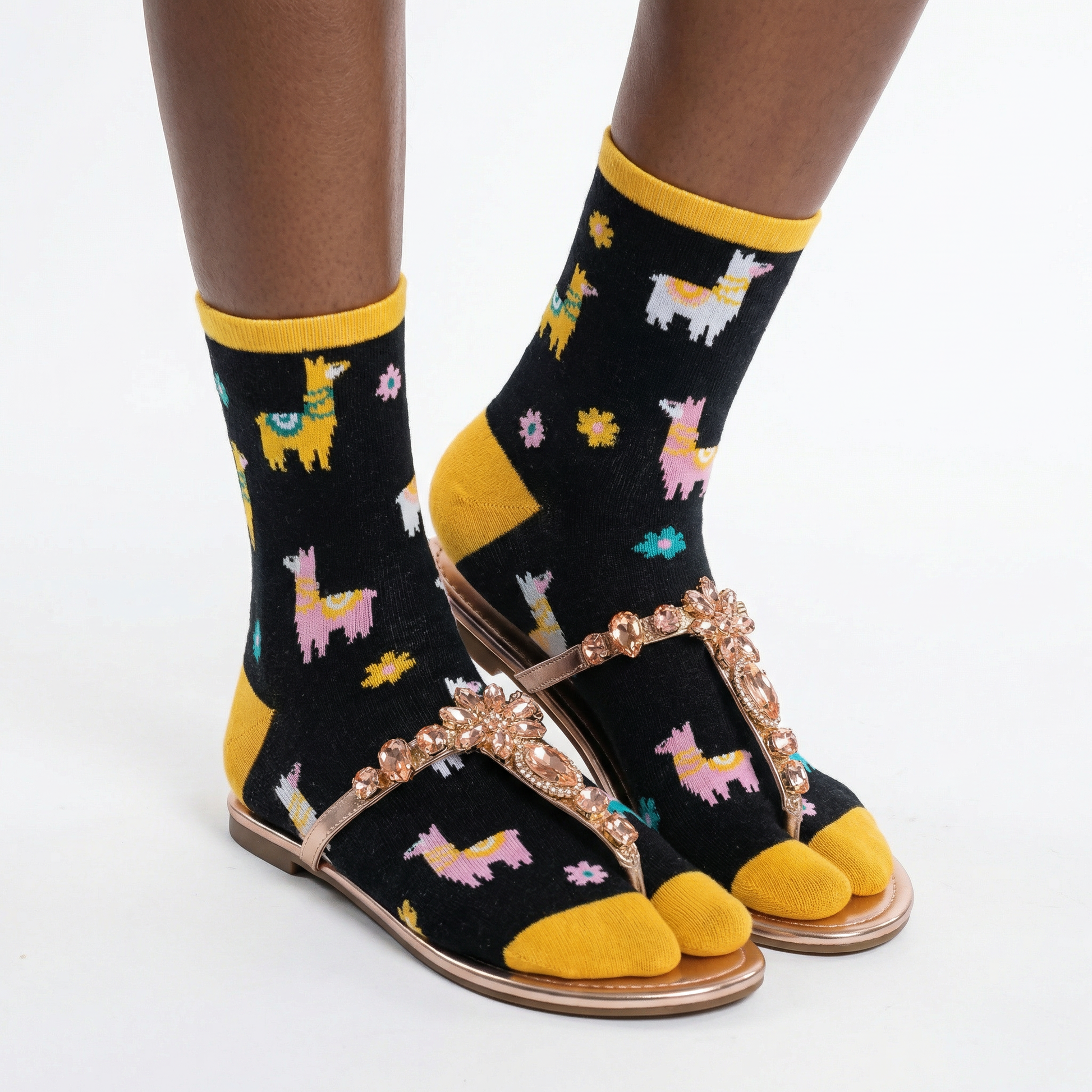 Llama Split Toe Tabi Socks in Black | Big Toe Flip Flop Socks | Colorful Llama Alpaca Novelty Crew Socks