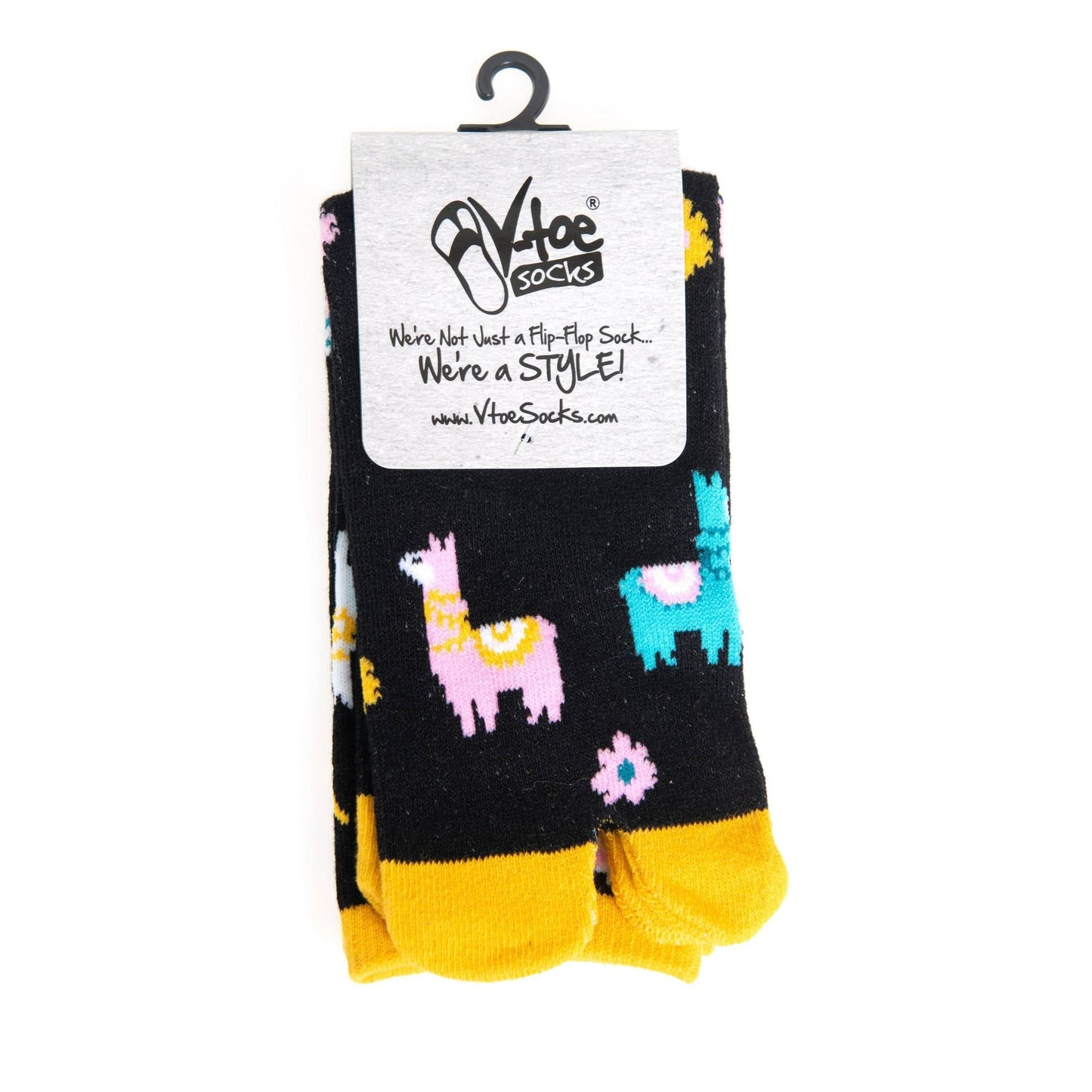 Llama Split Toe Tabi Socks in Black | Big Toe Flip Flop Socks | Colorful Llama Alpaca Novelty Crew Socks