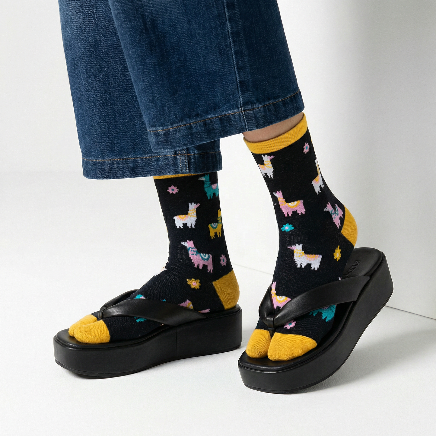 Llama Split Toe Tabi Socks in Black | Big Toe Flip Flop Socks | Colorful Llama Alpaca Novelty Crew Socks