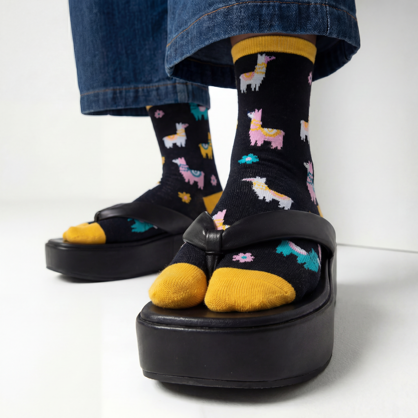 Llama Split Toe Tabi Socks in Black | Big Toe Flip Flop Socks | Colorful Llama Alpaca Novelty Crew Socks