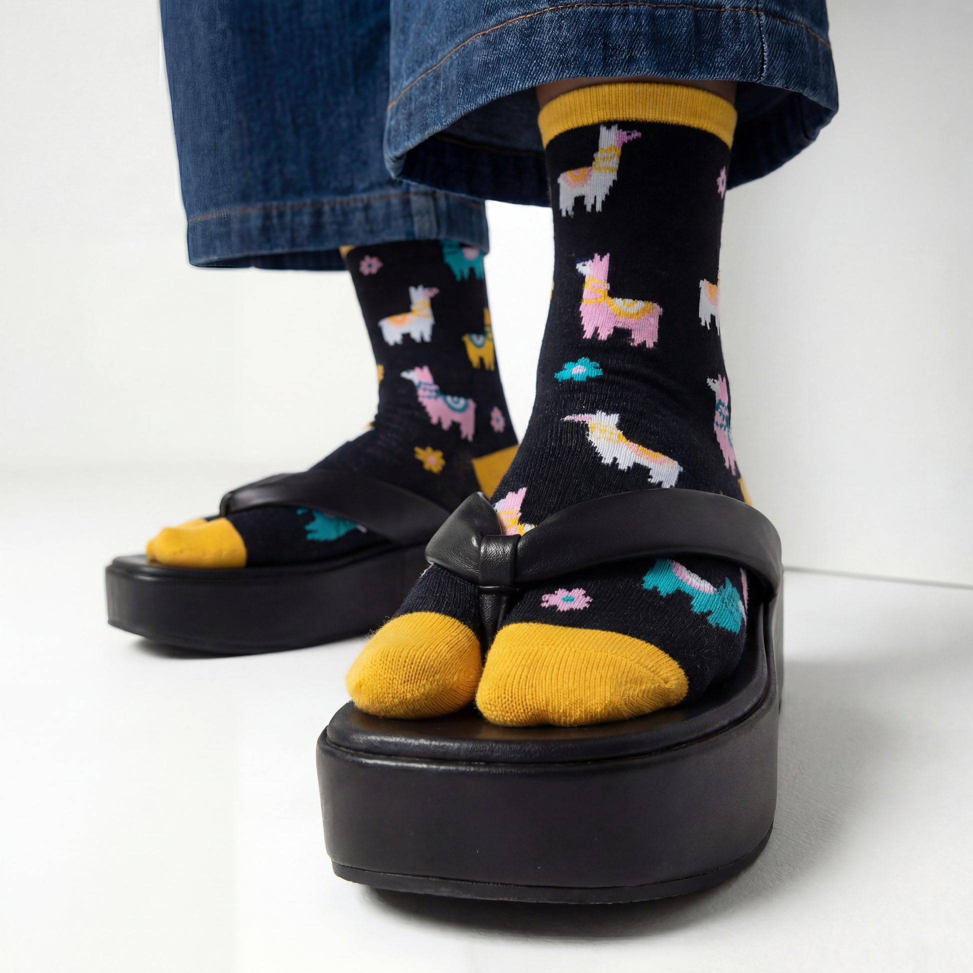 Llama Split Toe Tabi Socks in Black | Big Toe Flip Flop Socks | Colorful Llama Alpaca Novelty Crew Socks