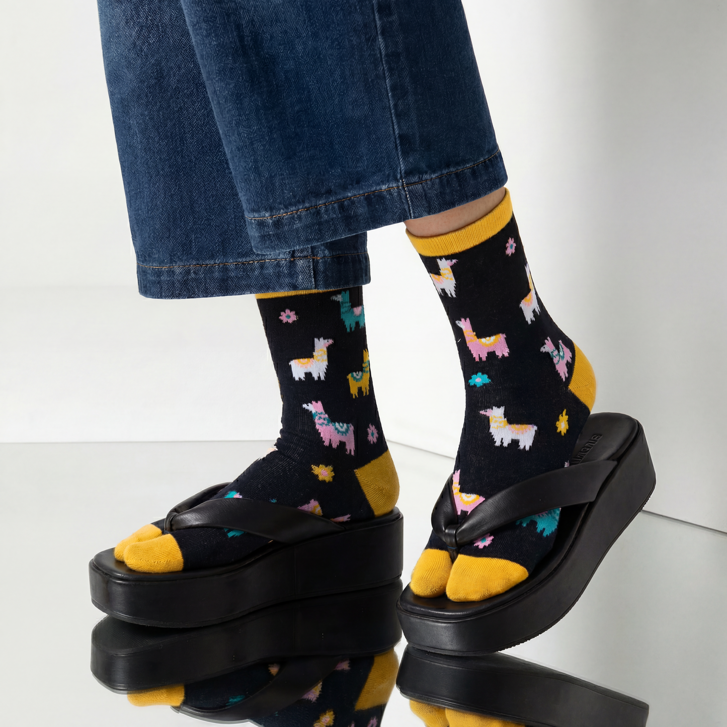 Llama Split Toe Tabi Socks in Black | Big Toe Flip Flop Socks | Colorful Llama Alpaca Novelty Crew Socks
