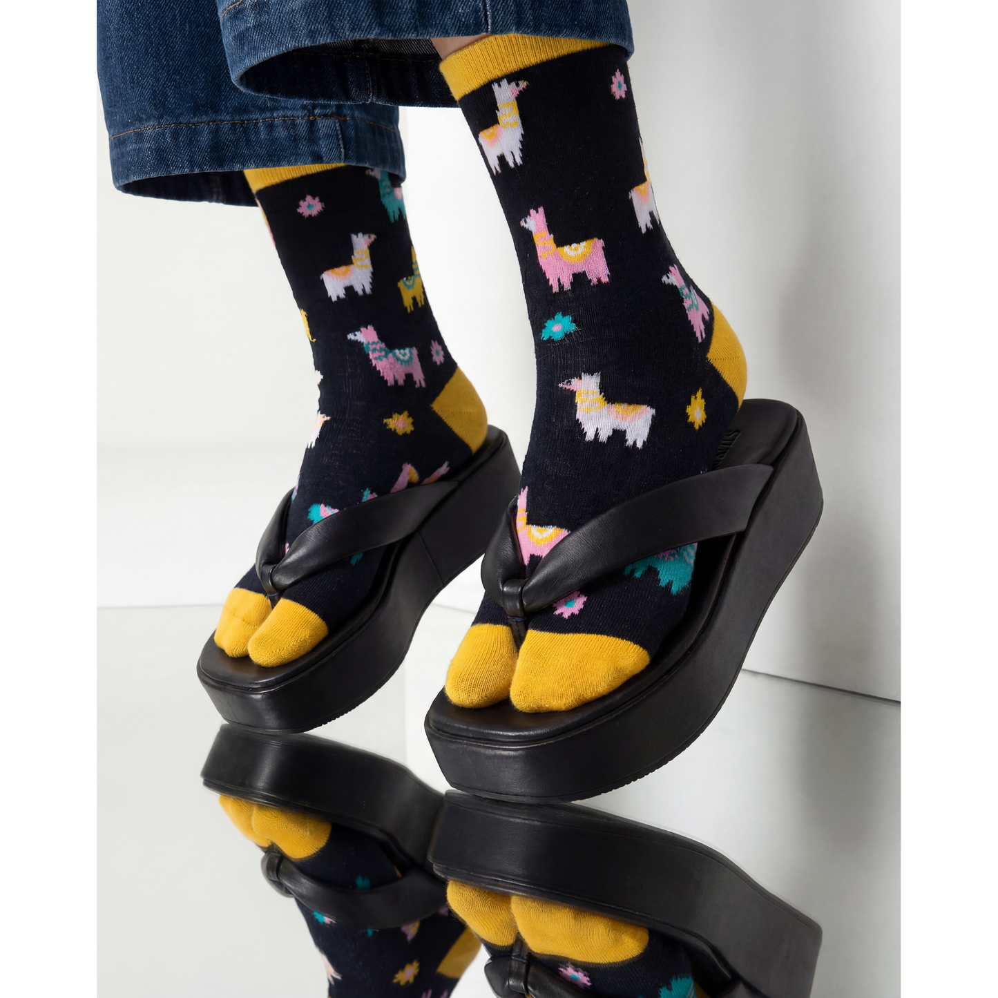 Llama Split Toe Tabi Socks in Black | Big Toe Flip Flop Socks | Colorful Llama Alpaca Novelty Crew Socks