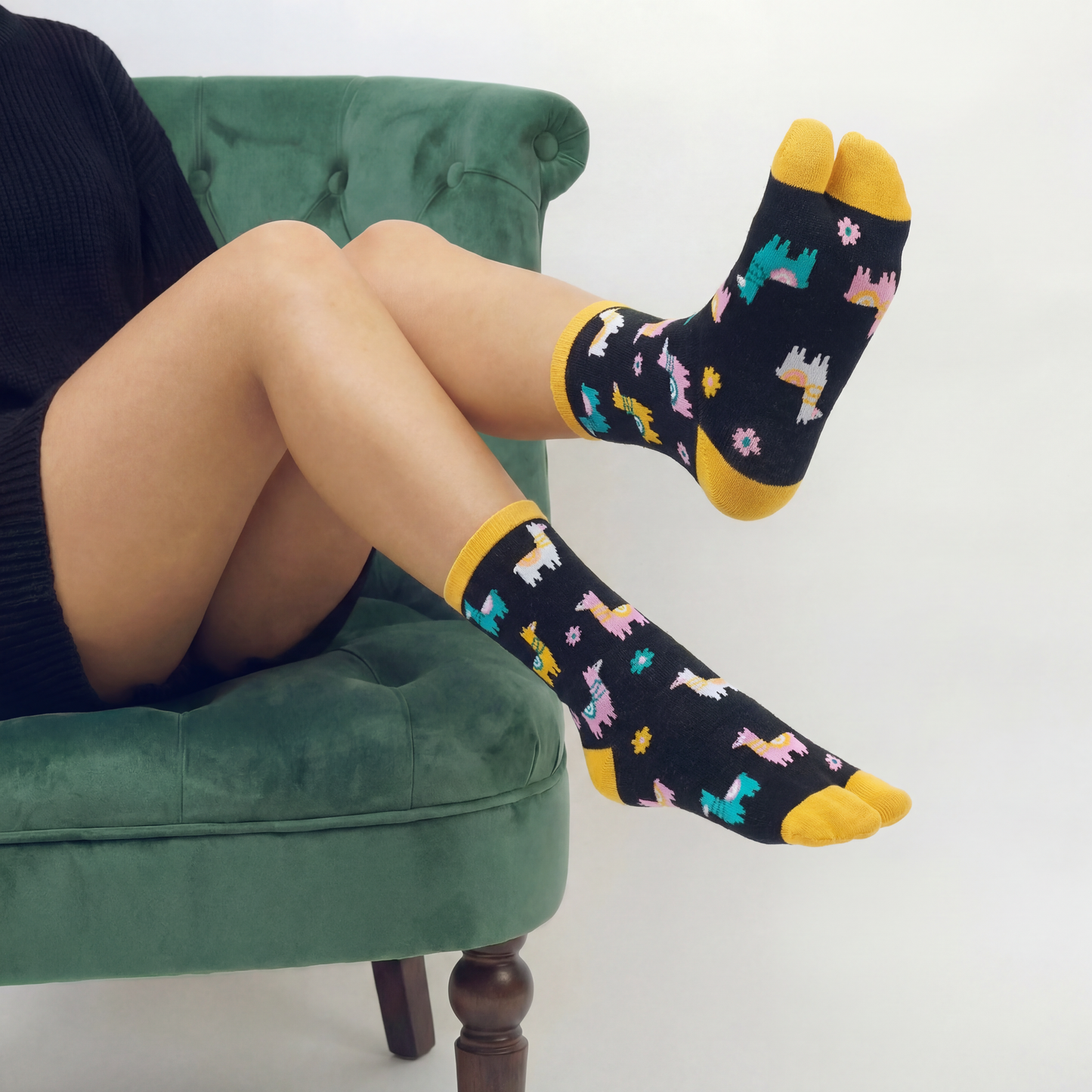 Llama Split Toe Tabi Socks in Black | Big Toe Flip Flop Socks | Colorful Llama Alpaca Novelty Crew Socks