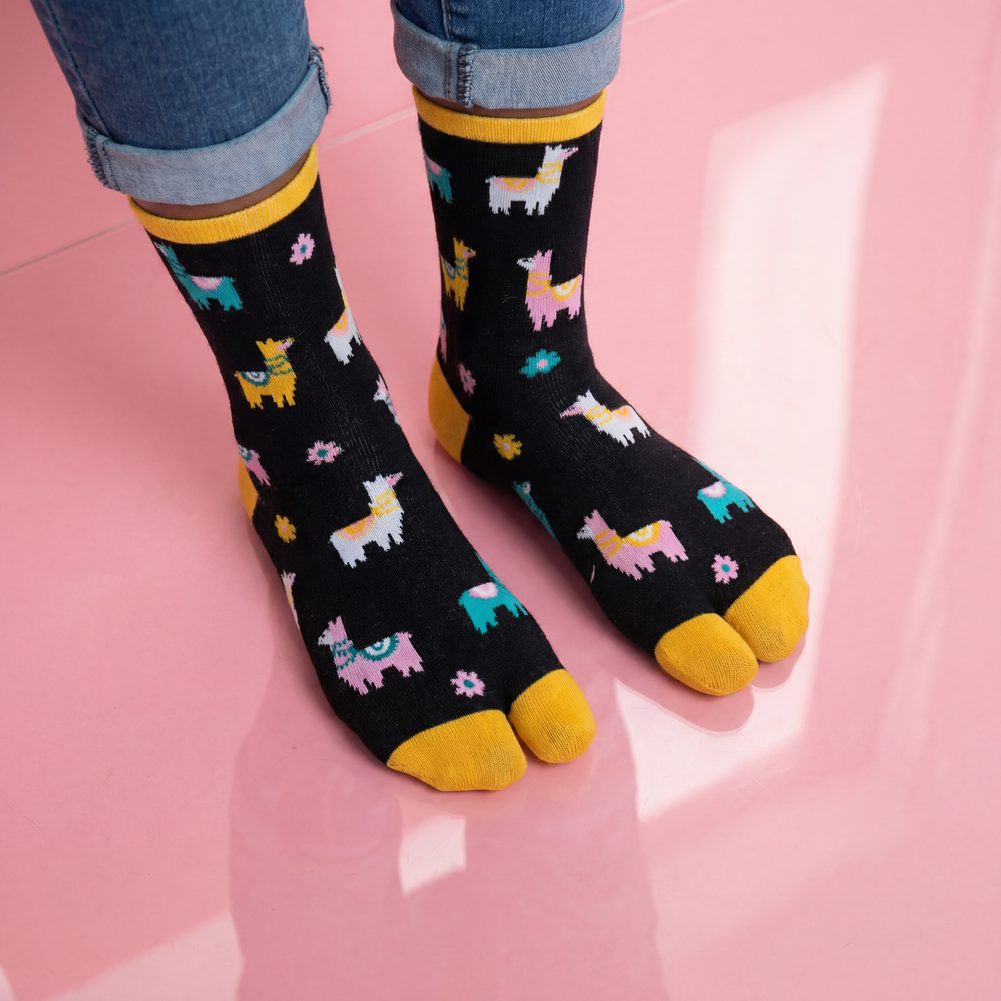 Llama Split Toe Tabi Socks in Black | Big Toe Flip Flop Socks | Colorful Llama Alpaca Novelty Crew Socks
