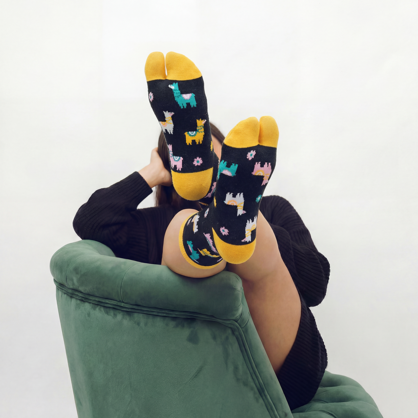 Llama Split Toe Tabi Socks in Black | Big Toe Flip Flop Socks | Colorful Llama Alpaca Novelty Crew Socks
