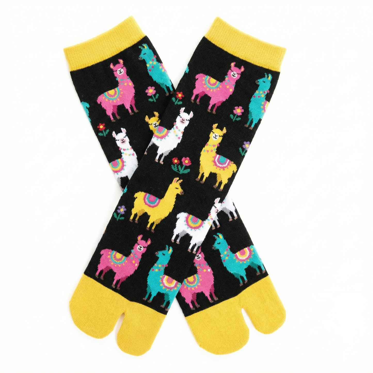 Llama Split Toe Tabi Socks in Black | Big Toe Flip Flop Socks | Colorful Llama Alpaca Novelty Crew Socks