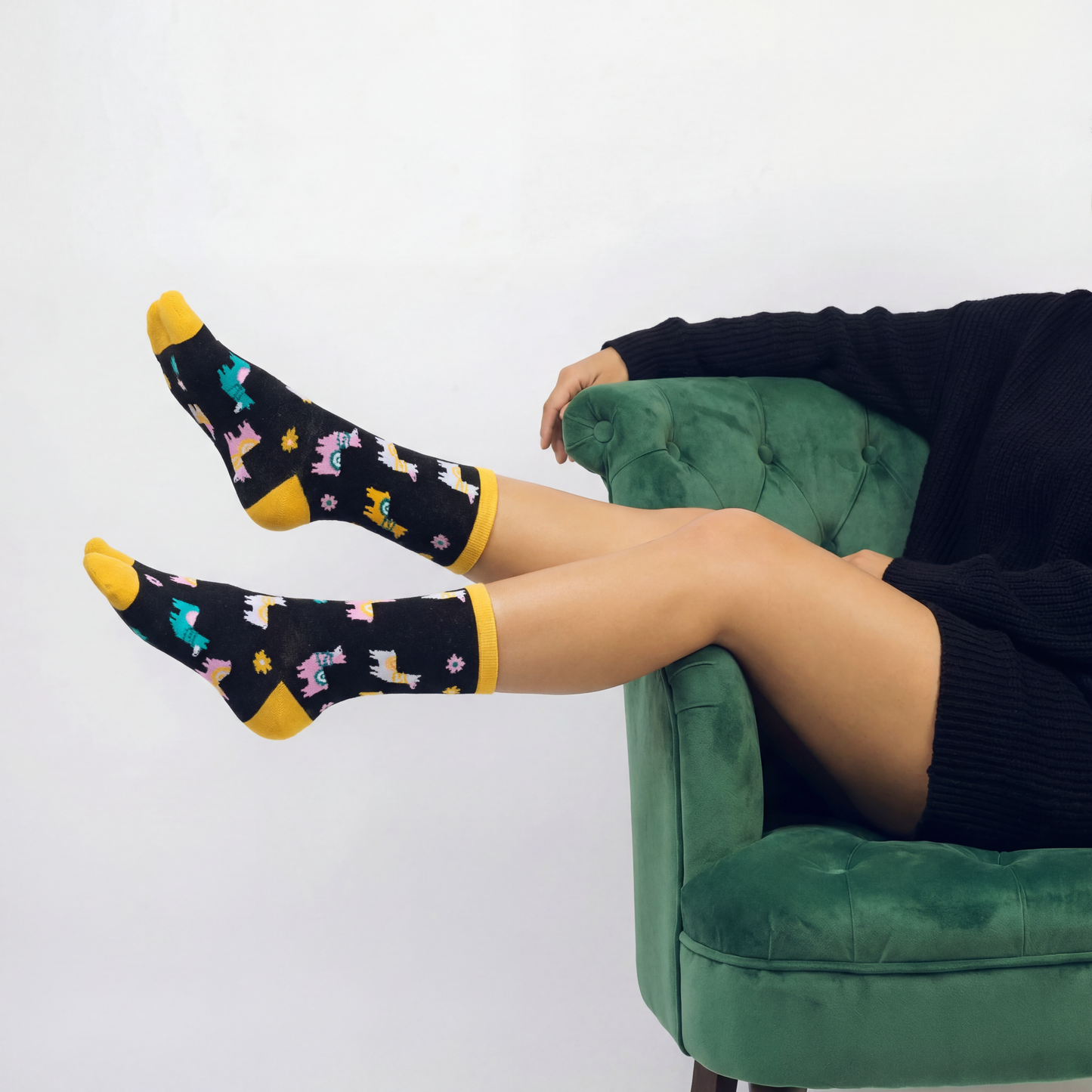 Llama Split Toe Tabi Socks in Black | Big Toe Flip Flop Socks | Colorful Llama Alpaca Novelty Crew Socks