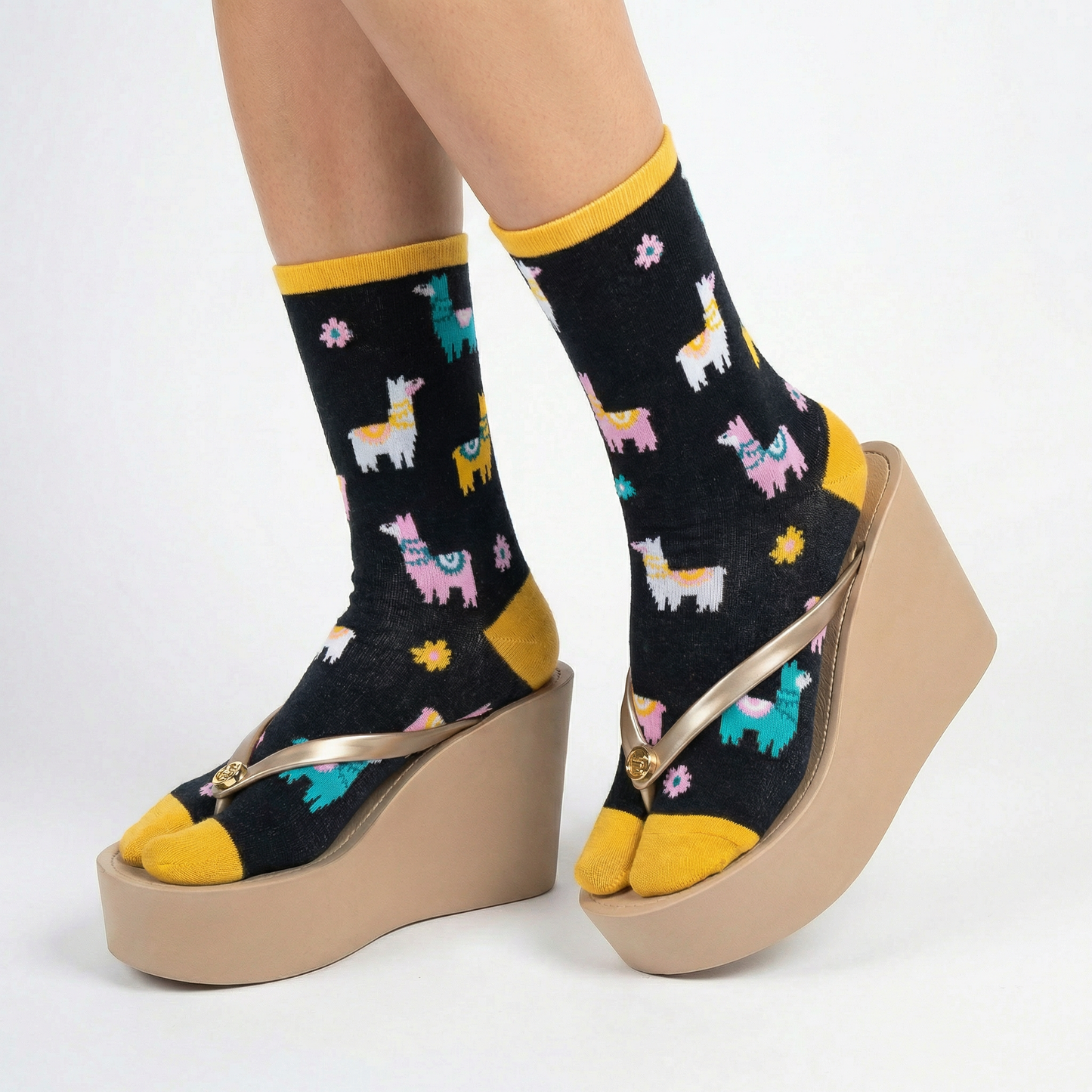 Llama Split Toe Tabi Socks in Black | Big Toe Flip Flop Socks | Colorful Llama Alpaca Novelty Crew Socks