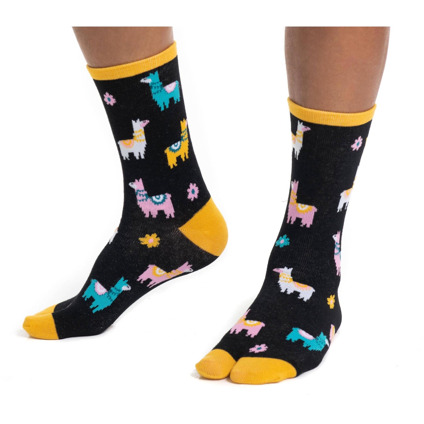 Llama Split Toe Tabi Socks in Black | Big Toe Flip Flop Socks | Colorful Llama Alpaca Novelty Crew Socks