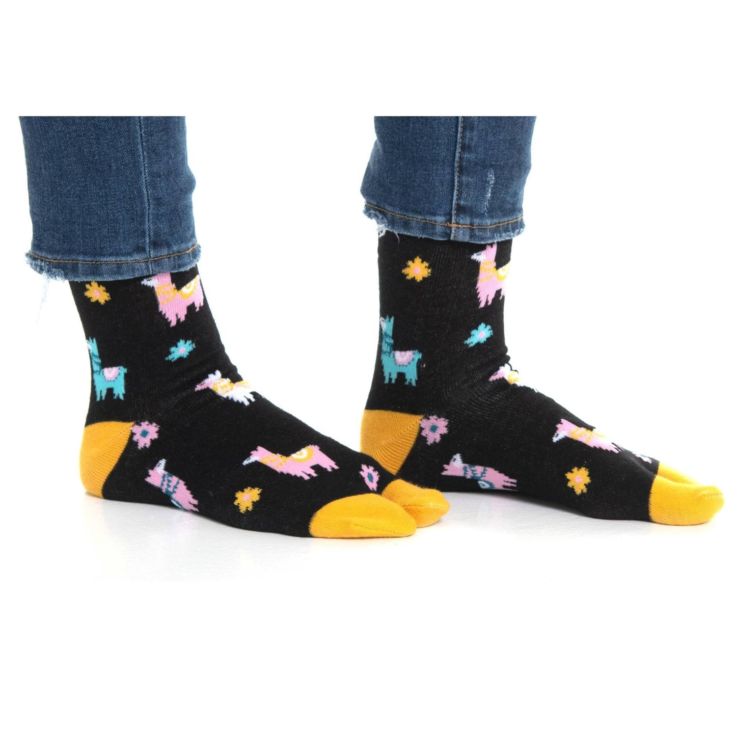 Llama Split Toe Tabi Socks in Black | Big Toe Flip Flop Socks | Colorful Llama Alpaca Novelty Crew Socks