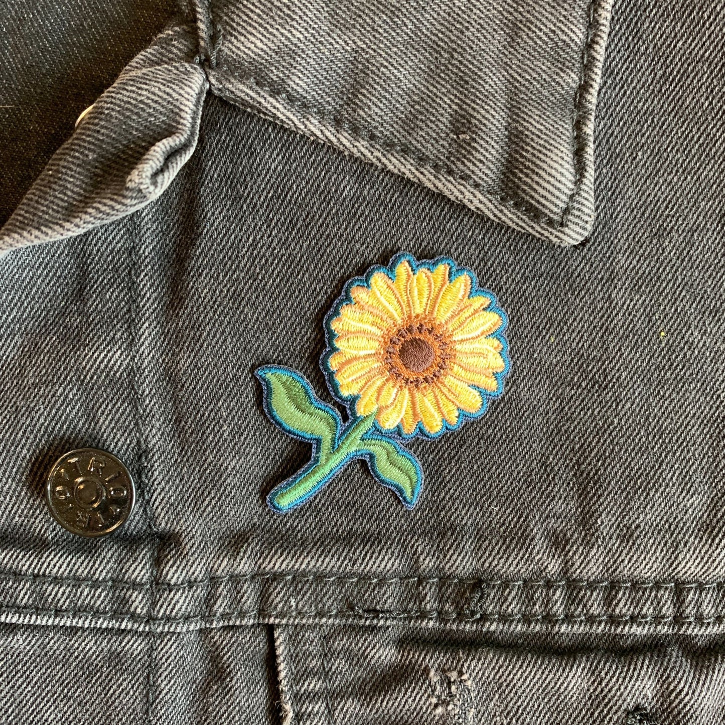 Long Stem Sunflower Iron On Patch | Botanical Plant Embroidered Floral Applique