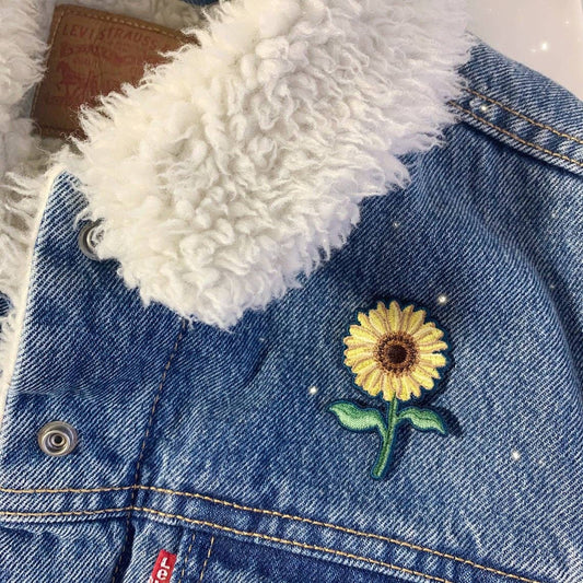 Long Stem Sunflower Iron On Patch | Botanical Plant Embroidered Floral Applique