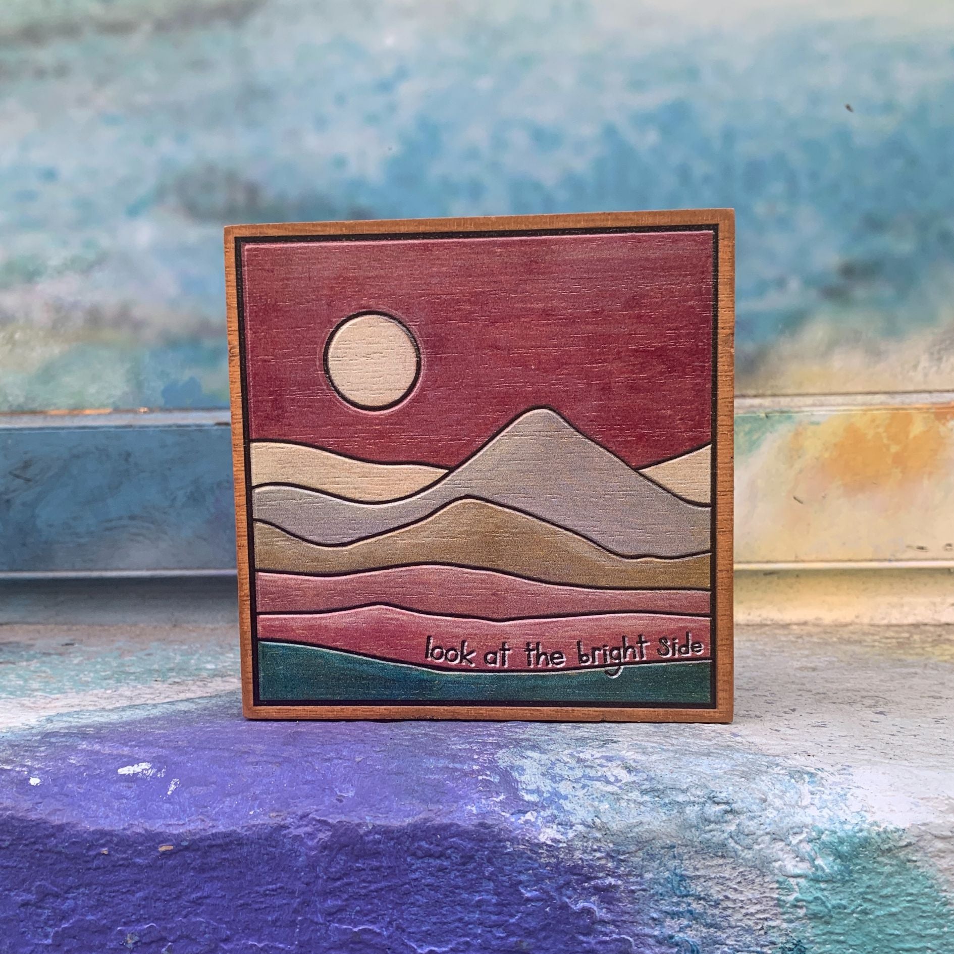 Look At The Bright Side Wooden Block Sign | Woodburned Desert Design Wall Desk Decor | 4.50" x 4.50"