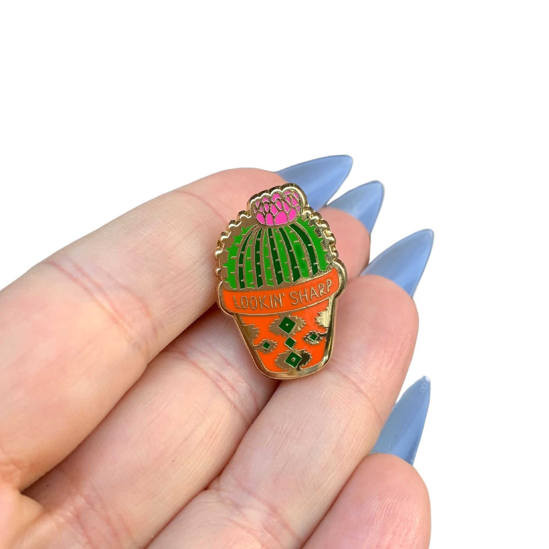 Lookin' Sharp Cactus Enamel Pin on Gift Card