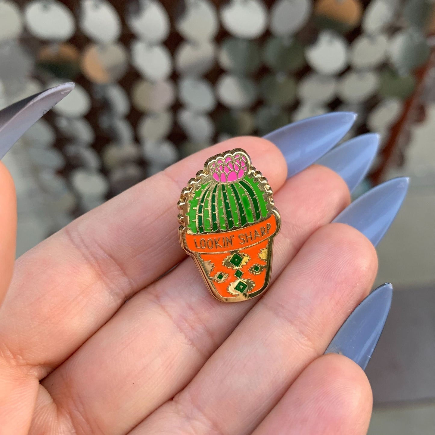 Lookin' Sharp Cactus Enamel Pin on Gift Card