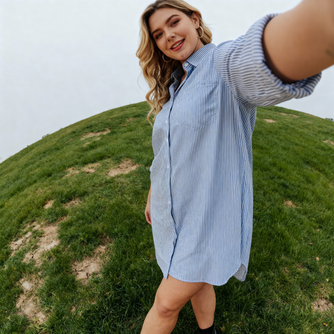 Loose Casual Long Sleeve Shirt Dress in Navy Blue [Available in SM-1X]