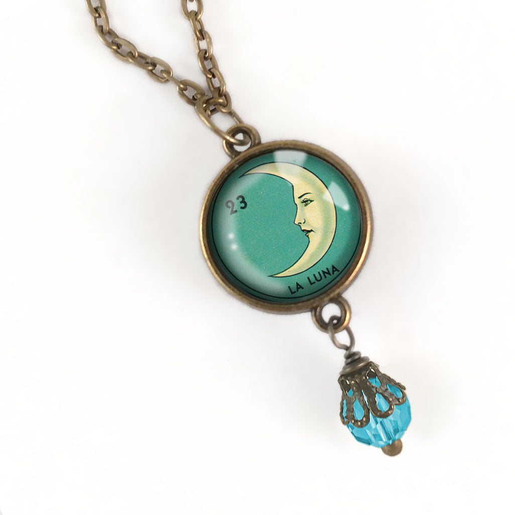 Loteria La Luna Crescent Moon Glass Cabochon Necklace | Handmade in the US