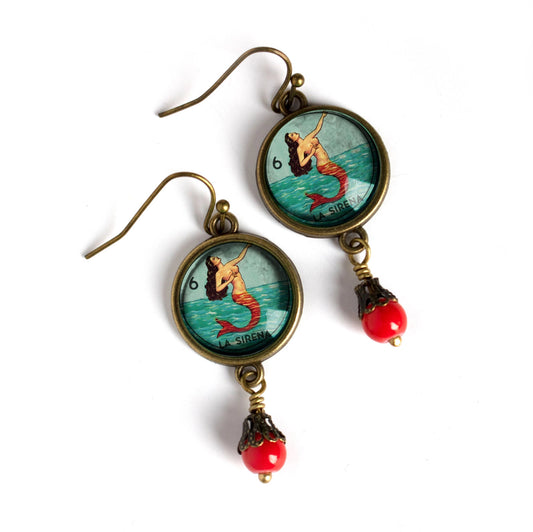 Loteria La Sirena Mermaid Glass Hook Earrings | Handmade in the US