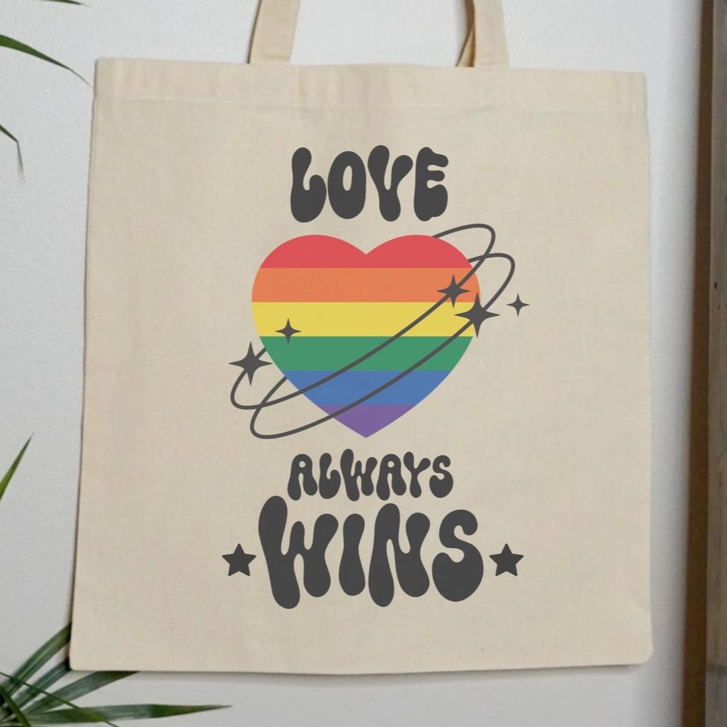 Love Always Wins Rainbow Heart LGBTQ Pride Canvas Tote Bag