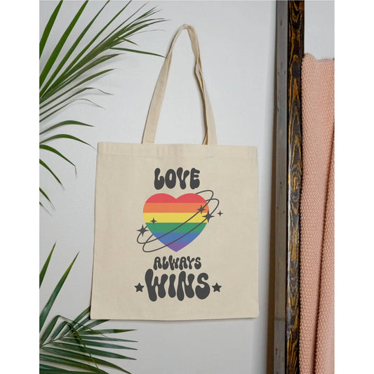 Love Always Wins Rainbow Heart LGBTQ Pride Canvas Tote Bag