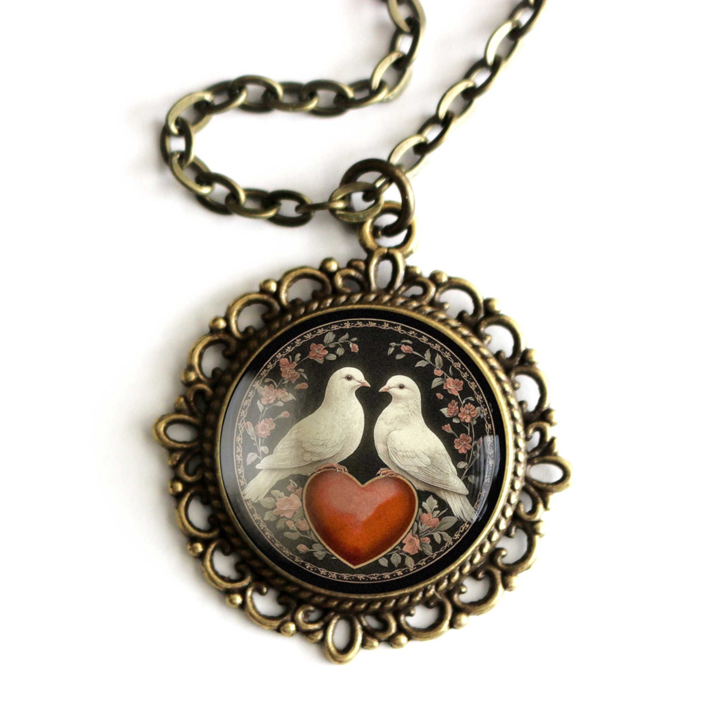Love Bird Doves Valentine’s Day Pendant Necklace | Vintage Inspired Glass Cabochon, Antiqued Bronze, Handmade Jewelry