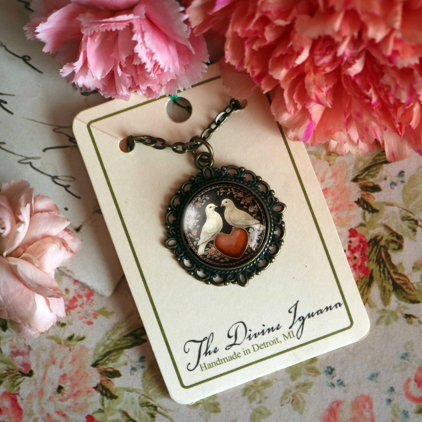 Love Bird Doves Valentine’s Day Pendant Necklace | Vintage Inspired Glass Cabochon, Antiqued Bronze, Handmade Jewelry