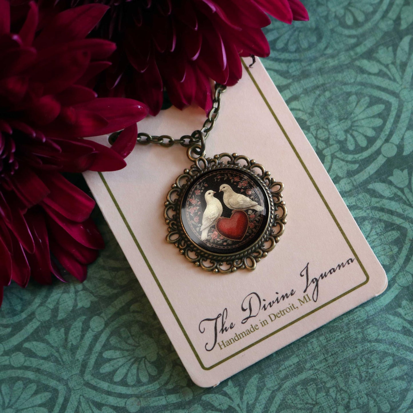 Love Bird Doves Valentine’s Day Pendant Necklace | Vintage Inspired Glass Cabochon, Antiqued Bronze, Handmade Jewelry
