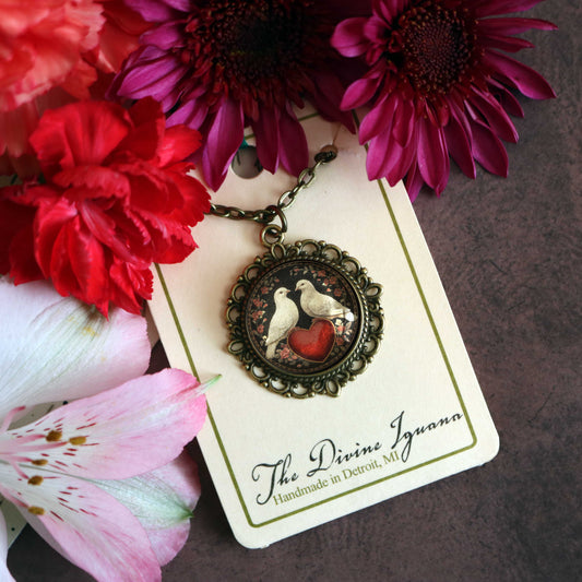 Love Bird Doves Valentine’s Day Pendant Necklace | Vintage Inspired Glass Cabochon, Antiqued Bronze, Handmade Jewelry