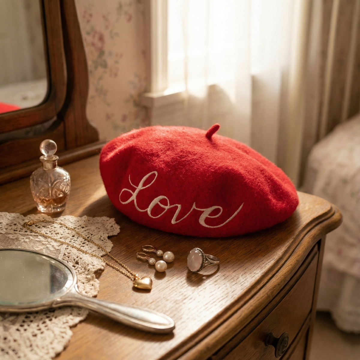 Love Embroidered Beret in Red