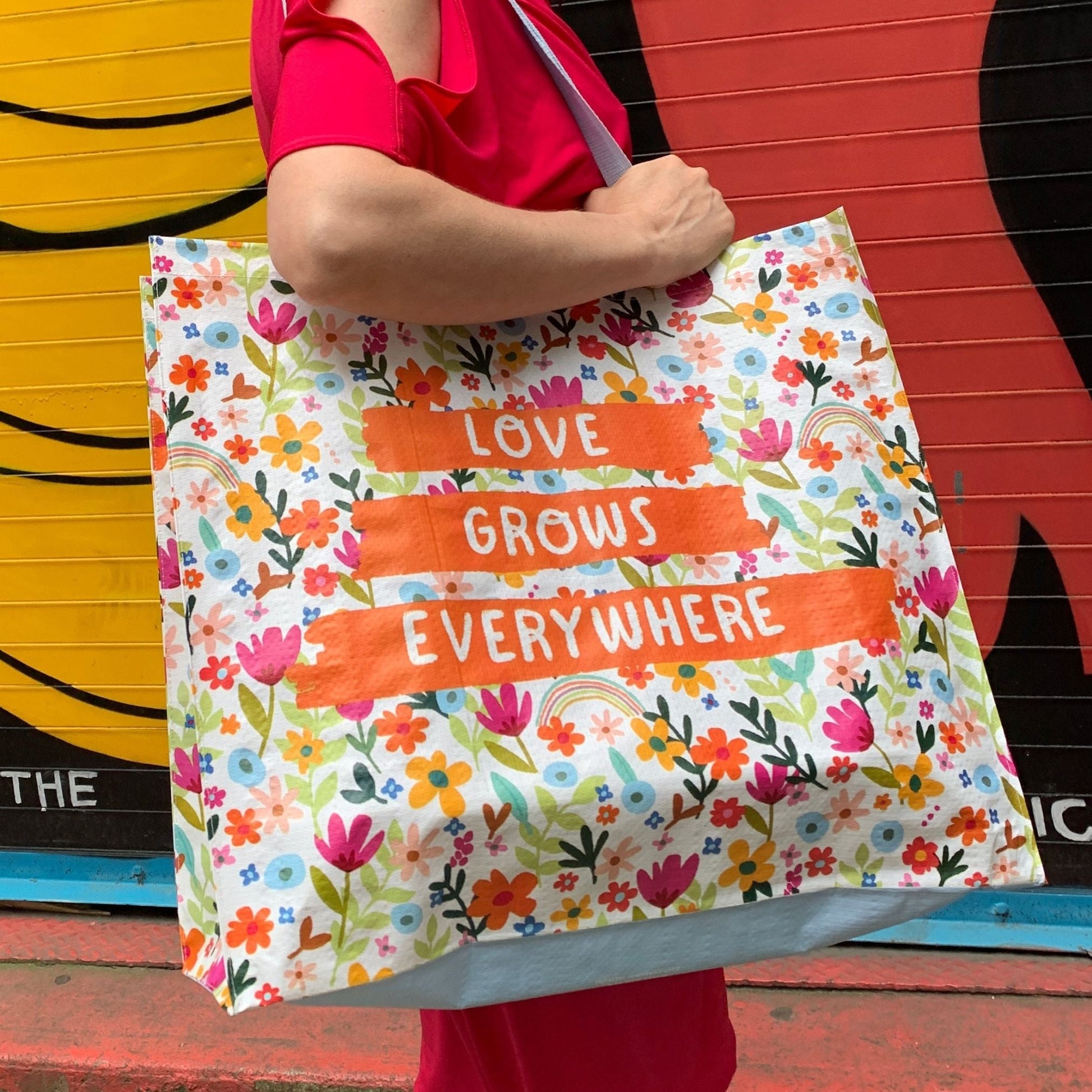 Love Grows Everywhere Shopping Tote Bag | Extra Large Market Eco Bag | 19.50" x 17.50" x 7"