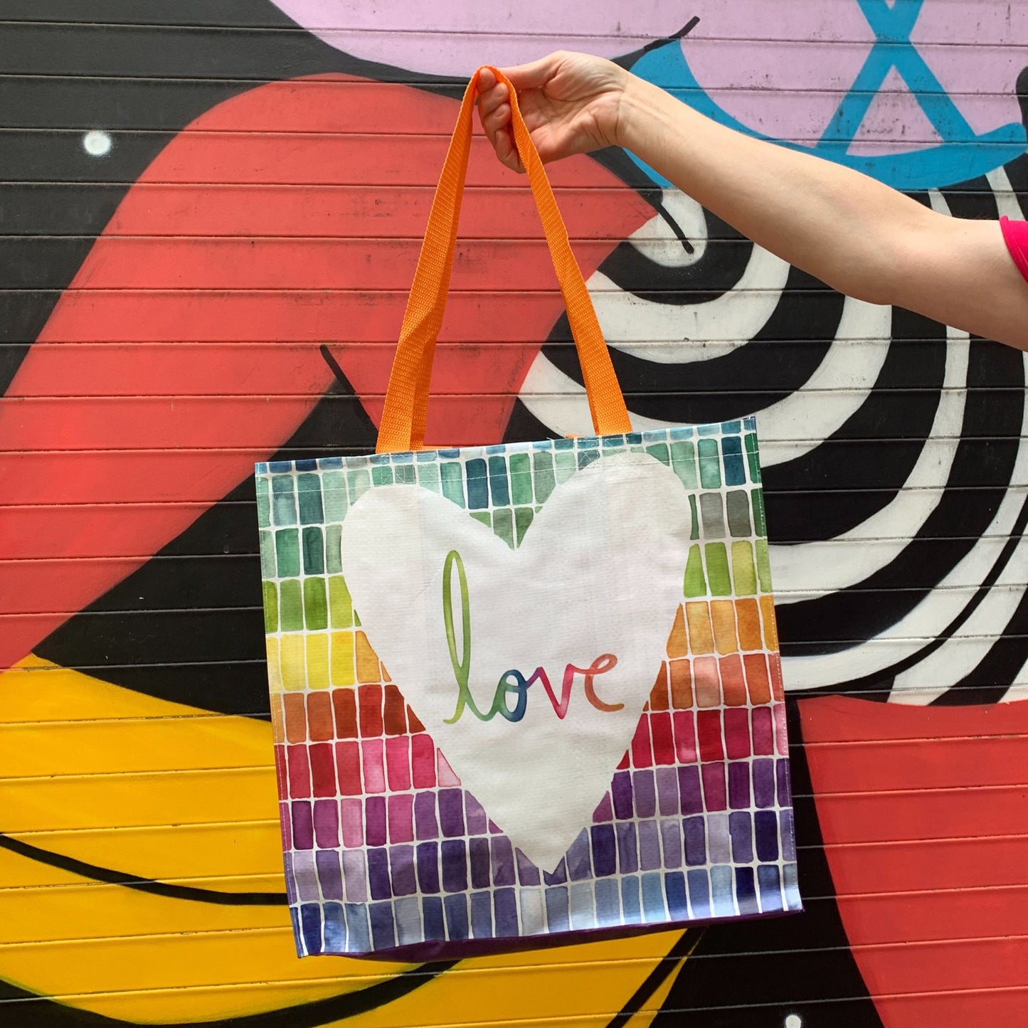 Love Market Tote | Mosaic Rainbow Pattern Shopping Bag | 15.50" x 15.25" x 6"