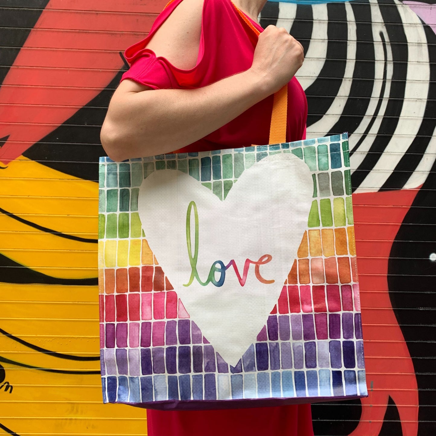 Love Market Tote | Mosaic Rainbow Pattern Shopping Bag | 15.50" x 15.25" x 6"