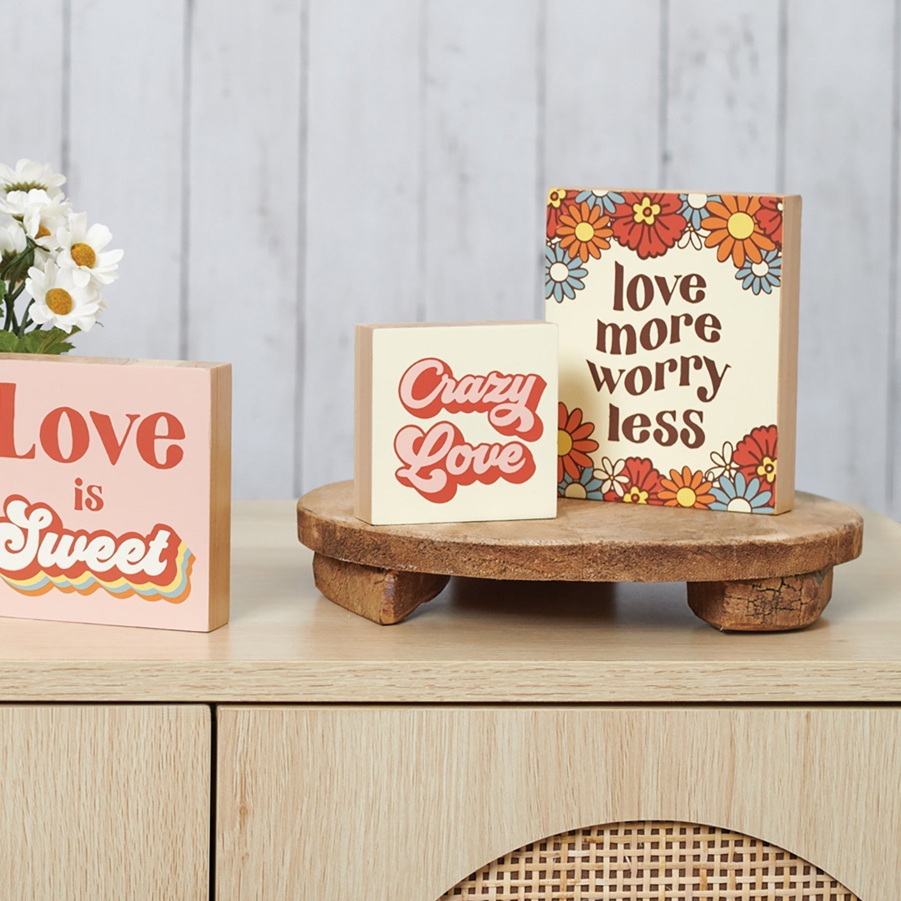 Love More Worry Less Inspo Block Sign | Retro Flowers | 4" x 5"