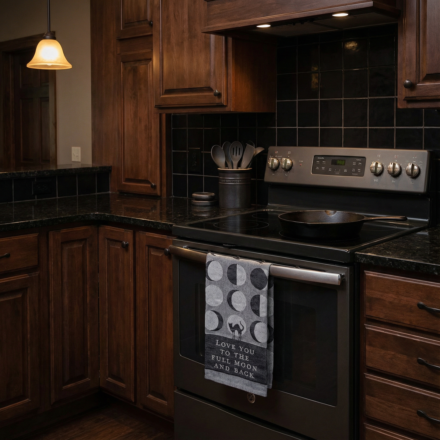 Love You To The Full Moon And Back Kitchen Towel | Gothic Black Cat Mystical Moon Phases | 20" x 28"